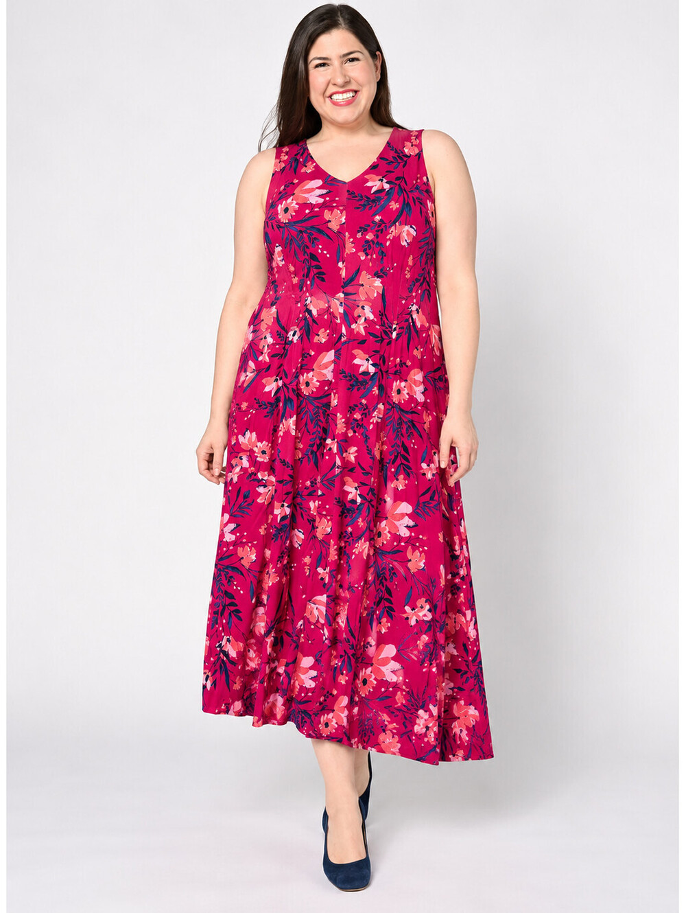 Coldwater Creek Bella Flora Knit V-Neck Maxi Dress Raspberry Multi, Size Large